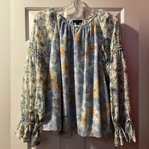 J. Crew Light Blue Floral Peasant Blouse with Yellow Blooms